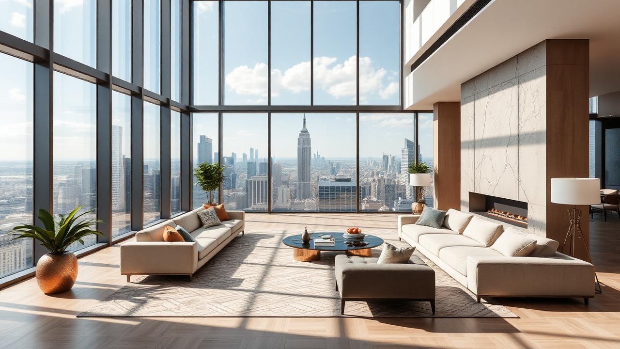 Sala minimalista con ventanales